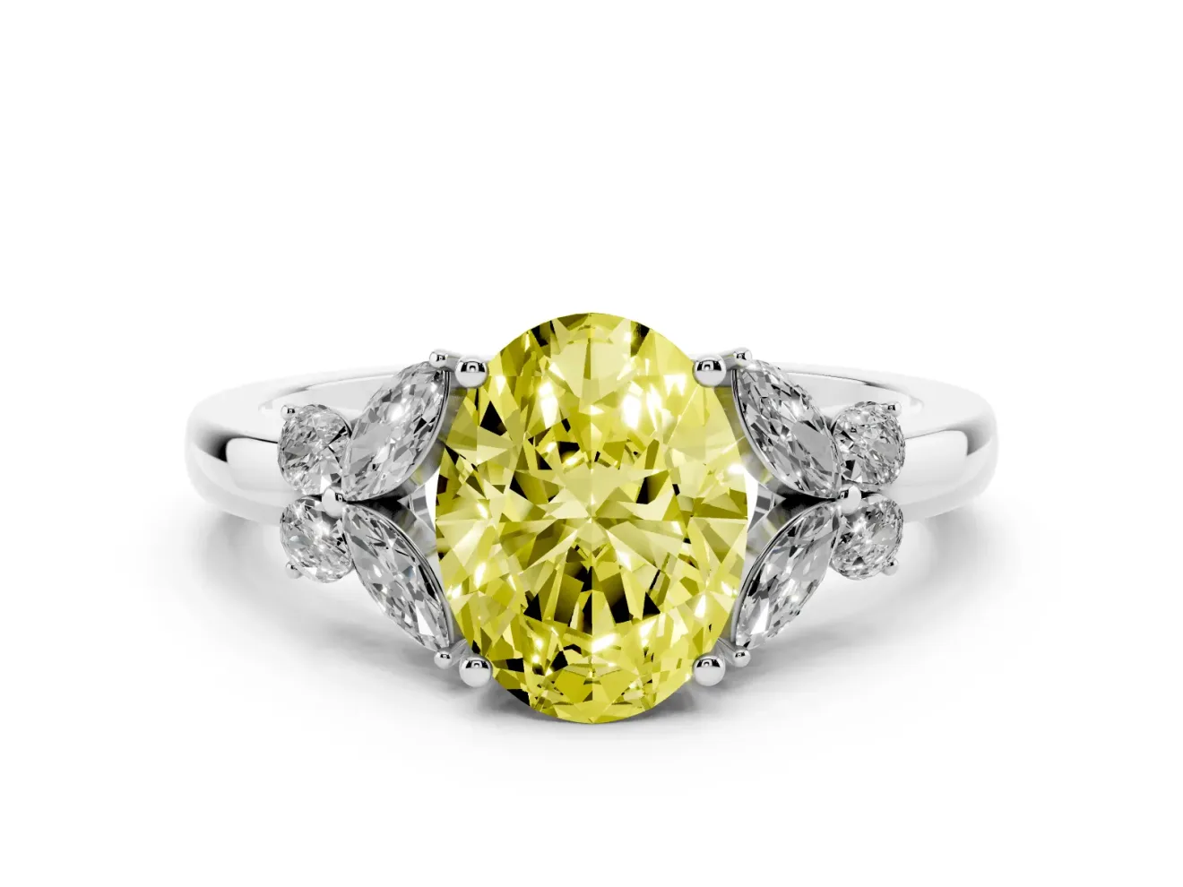 Fancy Yellow Oval Cut Diamond Solitaire Floral Ring Set in Platinum with Marquise Petals and Prong Setting
