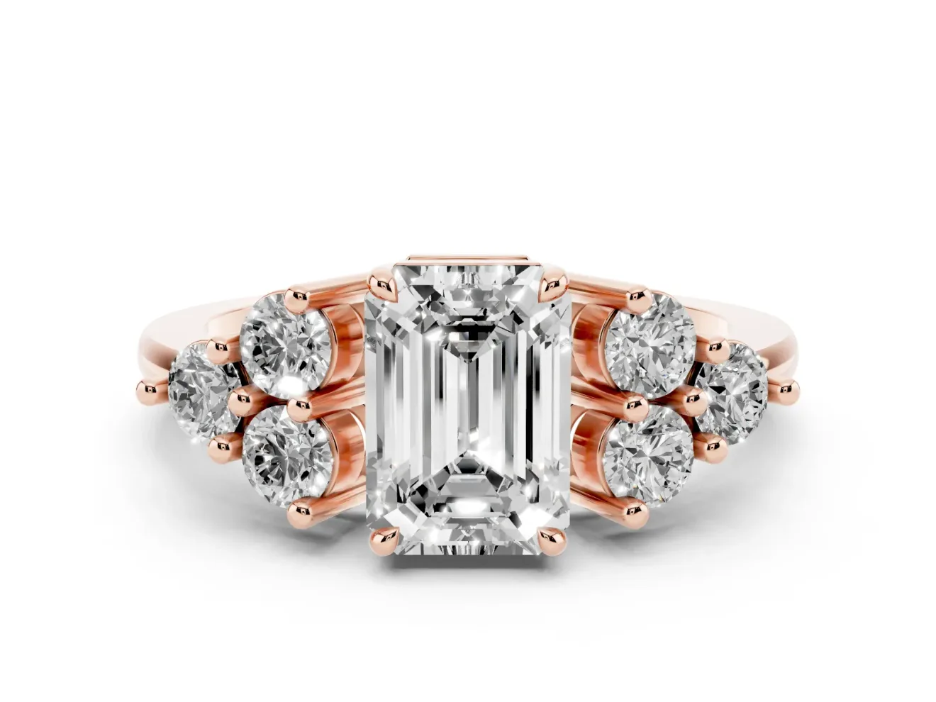 Emerald Cut Cluster Side Stone Engagement Ring Setting | Plain Band | Rose Gold
