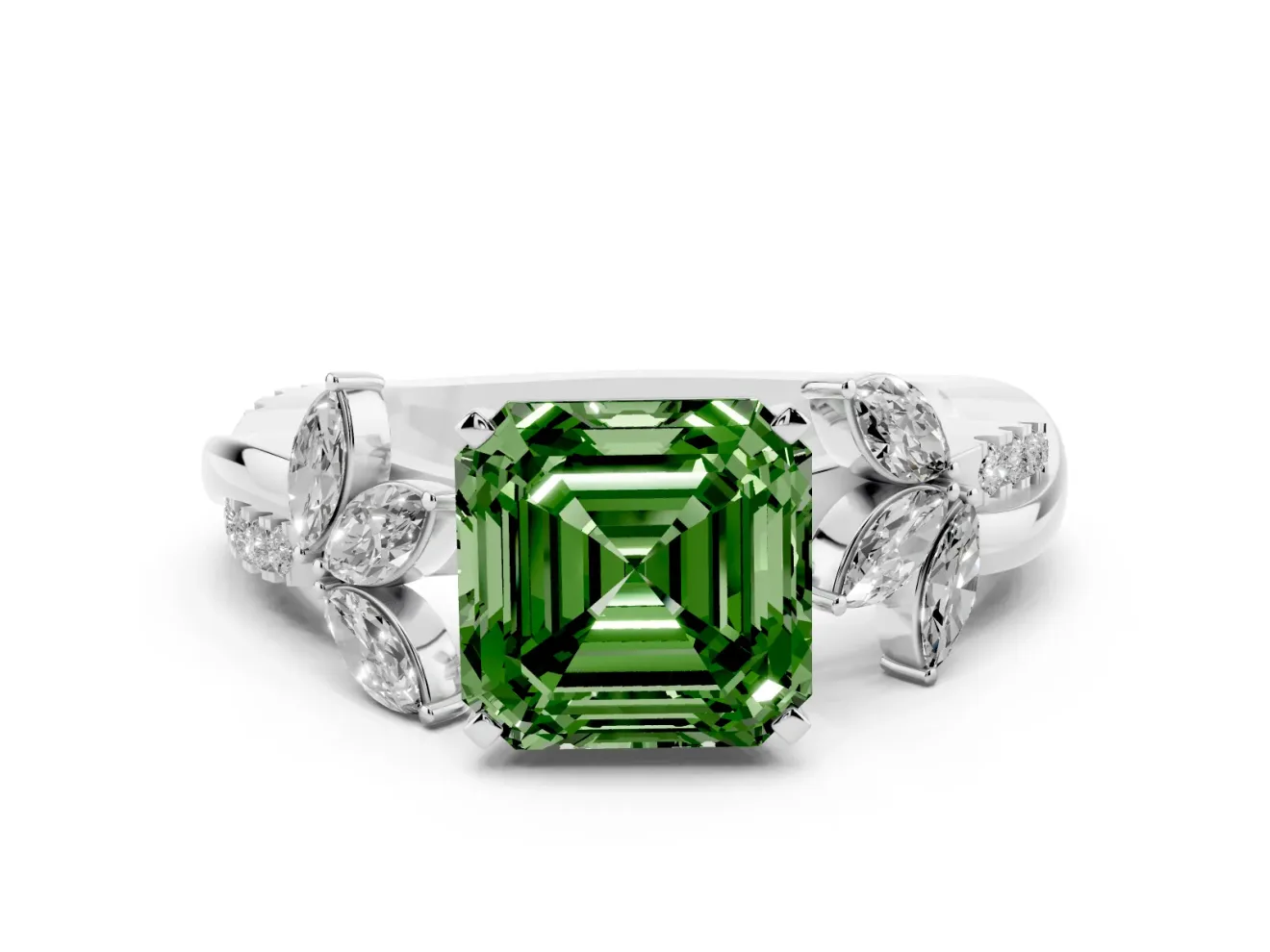 Fancy Green Asscher Cut Diamond Floral Vine Solitaire Engagement Ring Set in Platinum with Marquise Leaves