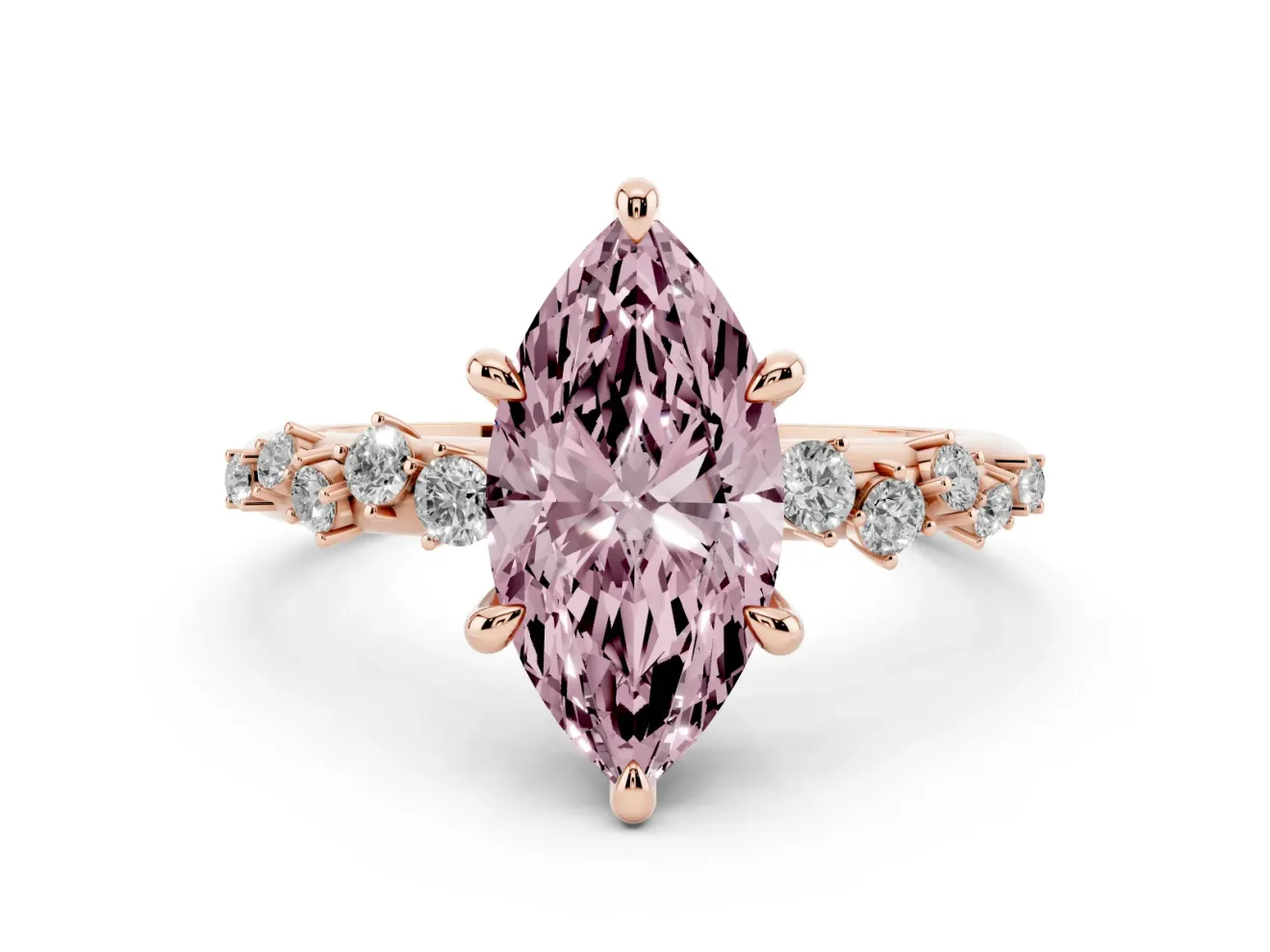 Fancy Pink Marquise Cut Diamond Solitaire Vine Band Ring Set in Rose gold with Round Accents and Prong Setting