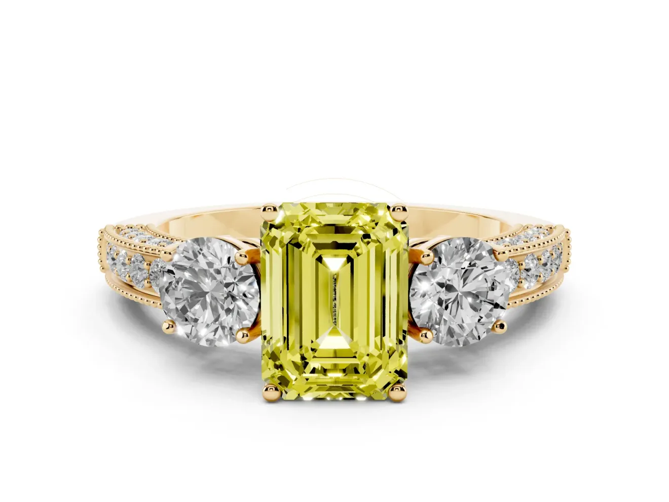 Emerald Cut Three Stone Engagement Ring Setting for a Fancy Yellow Lab-Grown Diamond | Graduated Pave Band | Yellow Gold