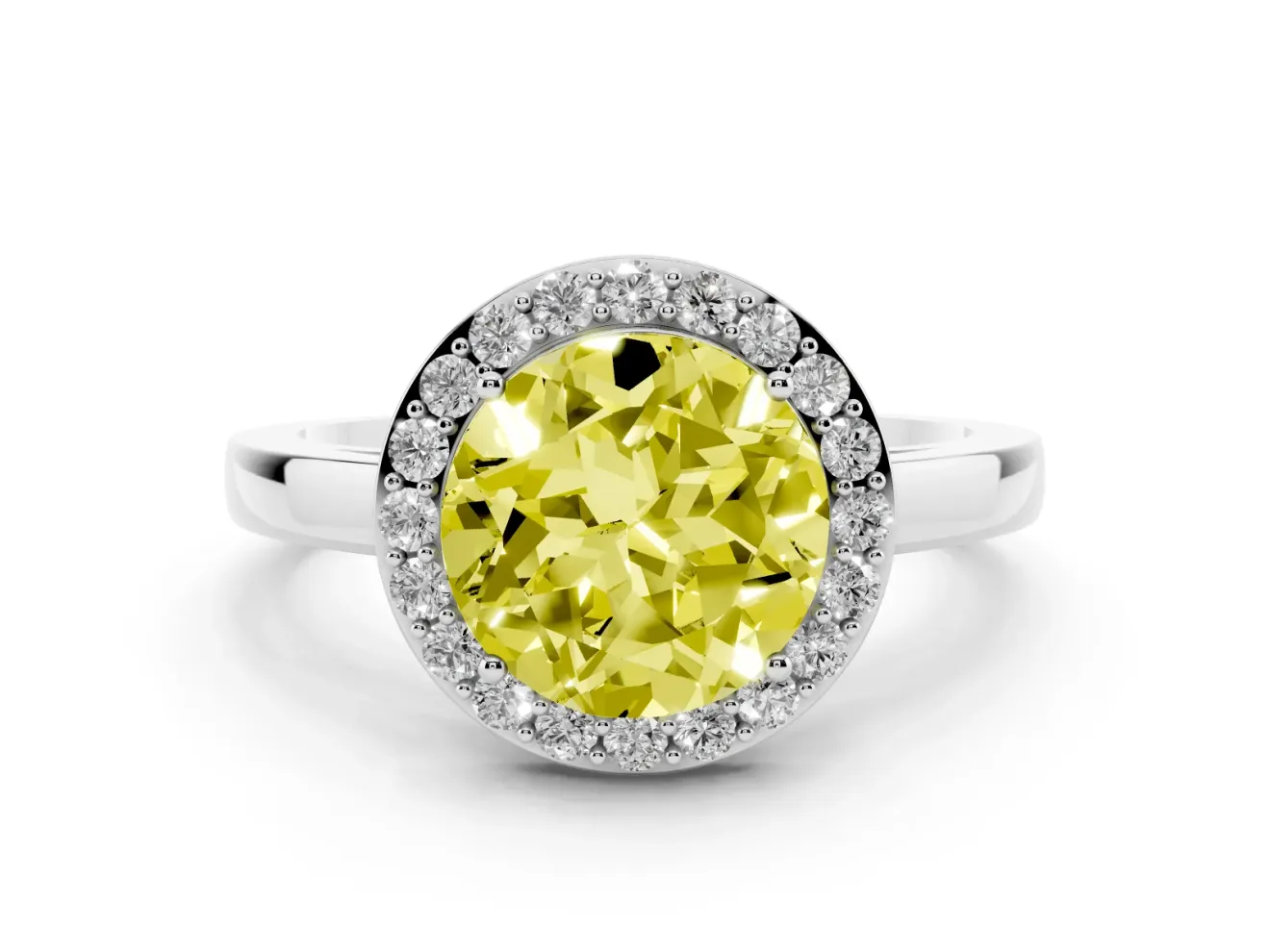 Round Thin Halo Engagement Ring Setting for a Fancy Yellow Lab-Grown Diamond | Slim Plain Band | Sterling Silver
