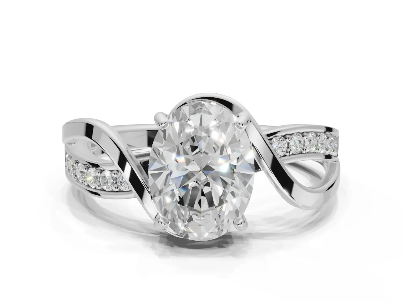 Oval Bypass Solitaire Engagement Ring Setting | Pavé and Plain Strands | Sterling Silver