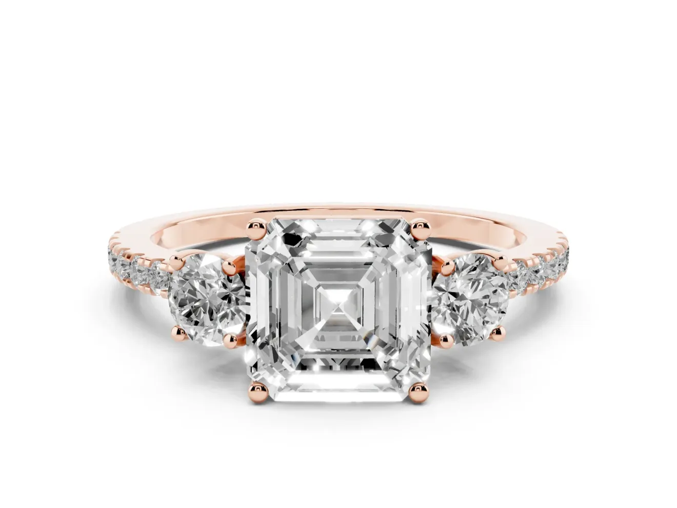 Asscher Cut Three Stone Engagement Ring Setting | Pave Shoulders | Rose Gold
