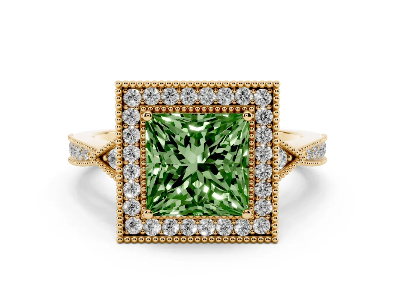 Fancy Green Princess Cut Diamond Halo Engagement Ring Set in Yellow gold with Milgrain Pavé Band