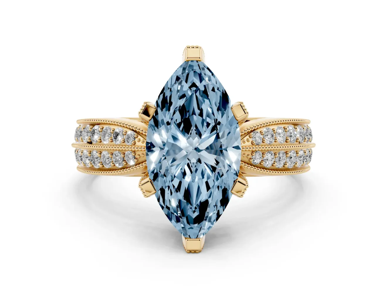 Marquise Milgrain Solitaire Engagement Ring Setting for a Fancy Blue Lab-Grown Diamond | Yellow Gold