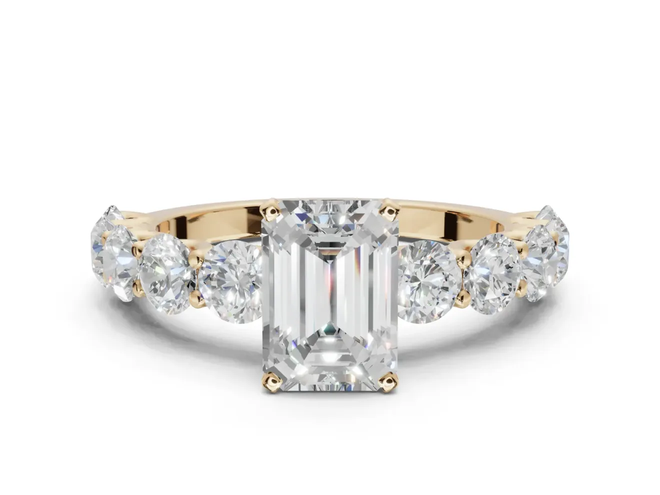 Emerald Cut Side Stone Engagement Ring Setting | Scalloped Prong Accents | Yellow Gold