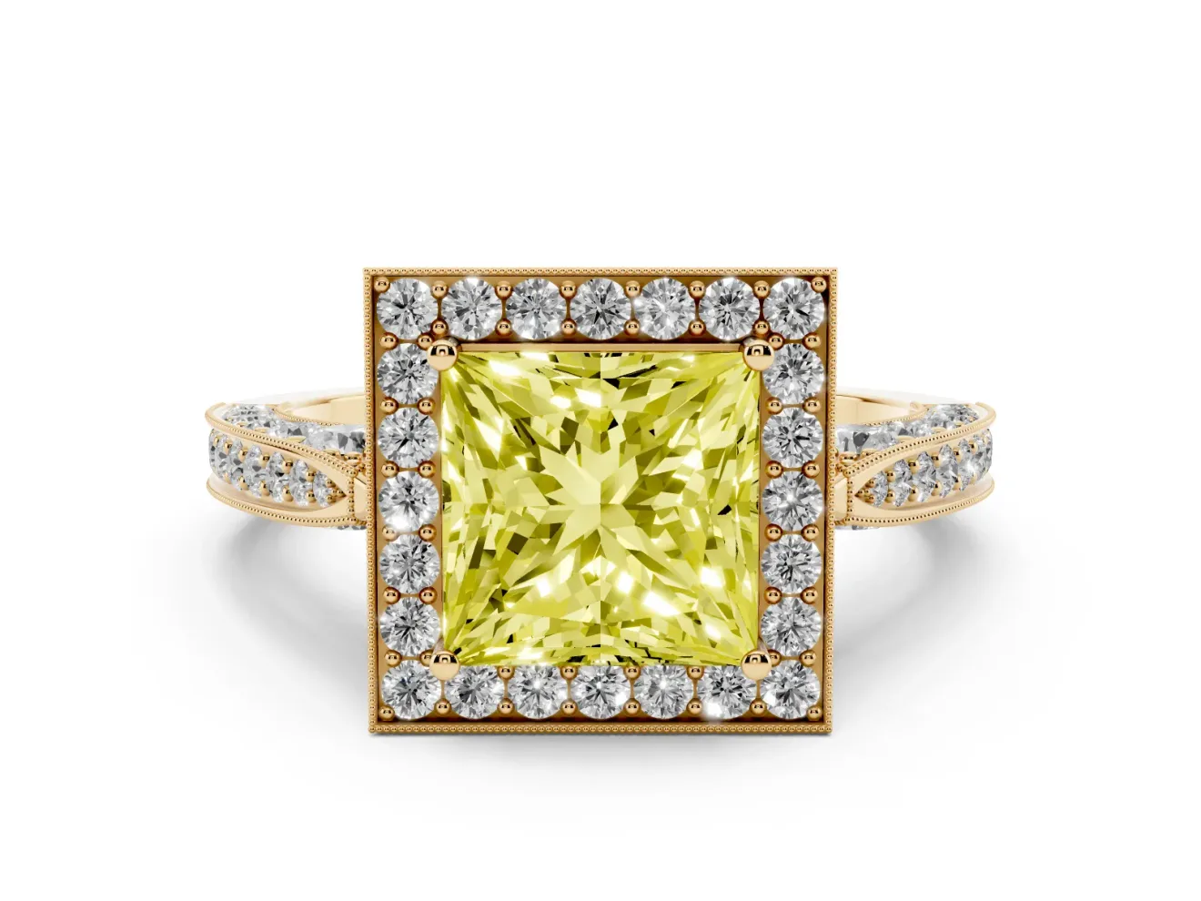 Princess Cut Milgrain Halo Engagement Ring Setting for a Fancy Yellow Lab-Grown Diamond | Side Stones | Yellow Gold