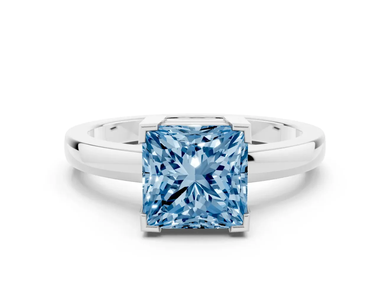 Fancy Blue Princess Cut Diamond Solitaire Ring Set in White gold with Prong Head and Smooth Polished Band