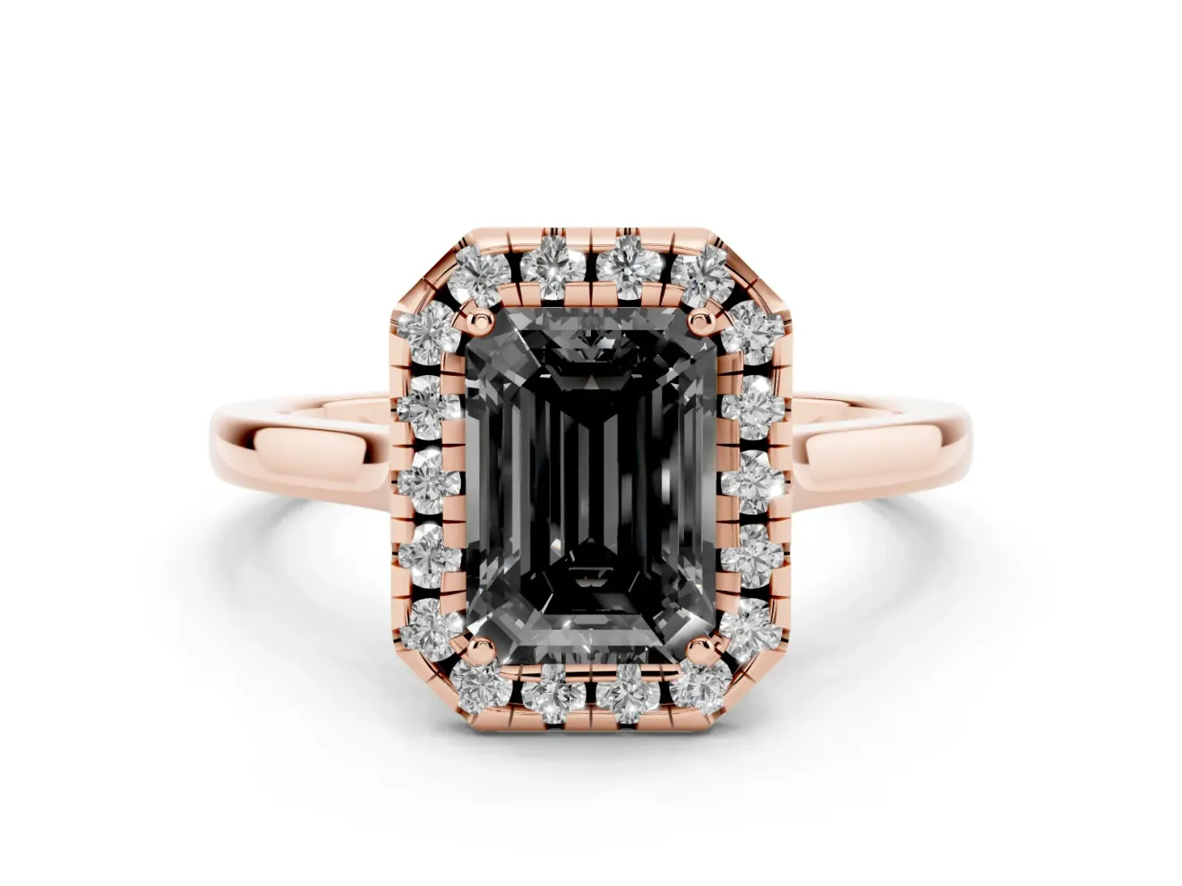 Fancy Black Emerald Cut Halo Round Diamond Solitaire Ring Set in Rose gold with Pavé Band and Prong Setting