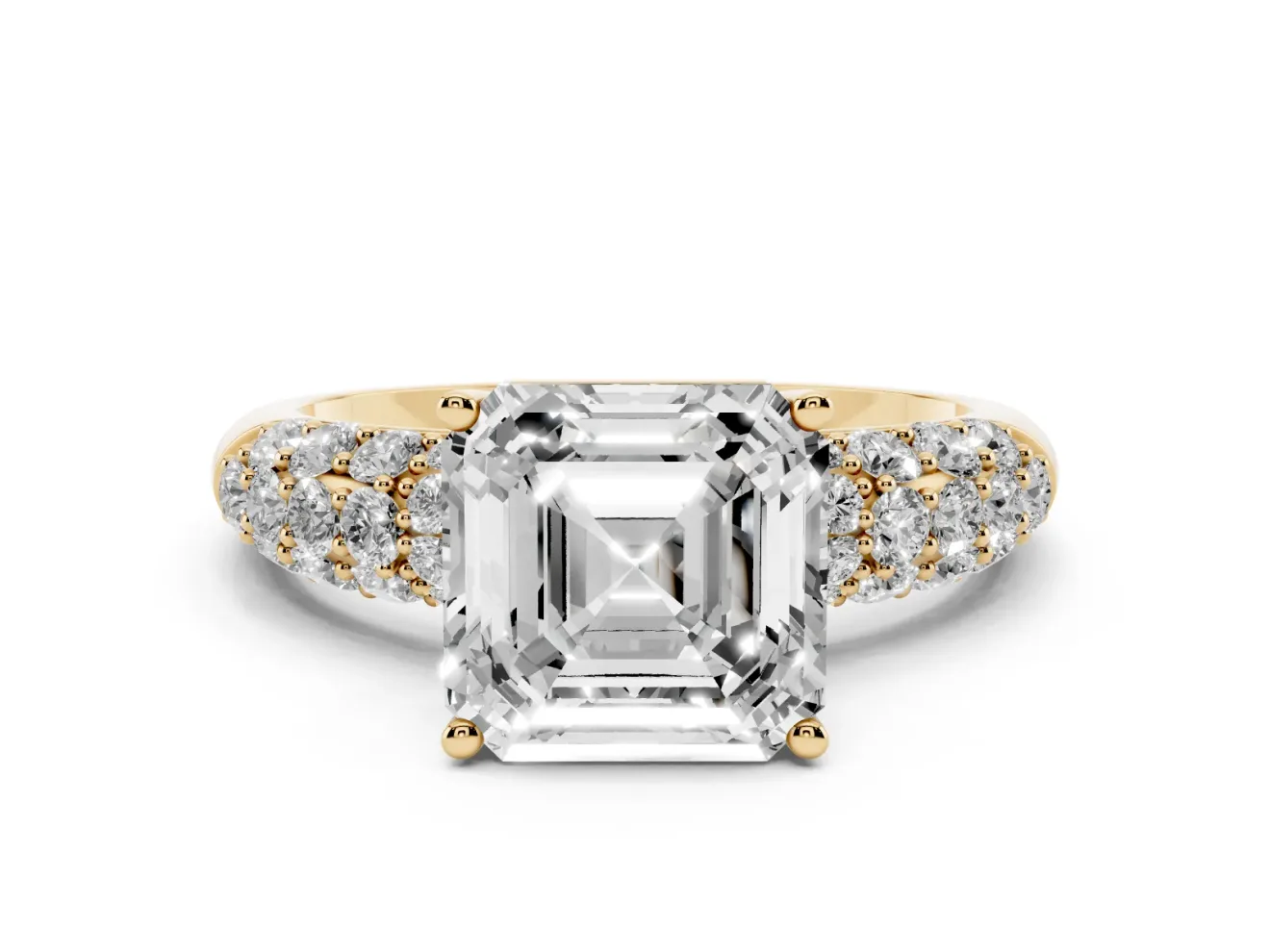 Asscher Cut Multi Row Pave Solitaire Engagement Ring Setting | Domed Shoulders | Yellow Gold