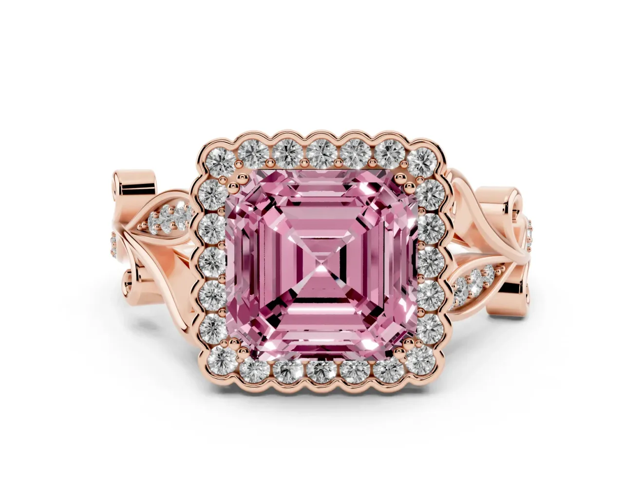 Asscher Cut Leaf Halo Engagement Ring Setting for a Fancy Pink Lab-Grown Diamond | Rose Gold