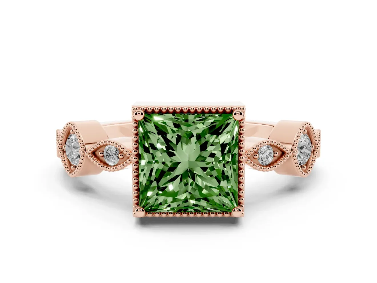 Fancy Green Princess Cut Diamond Vintage-Inspired Milgrain Ring Set in Rose gold with Marquise Stations of Round Accents