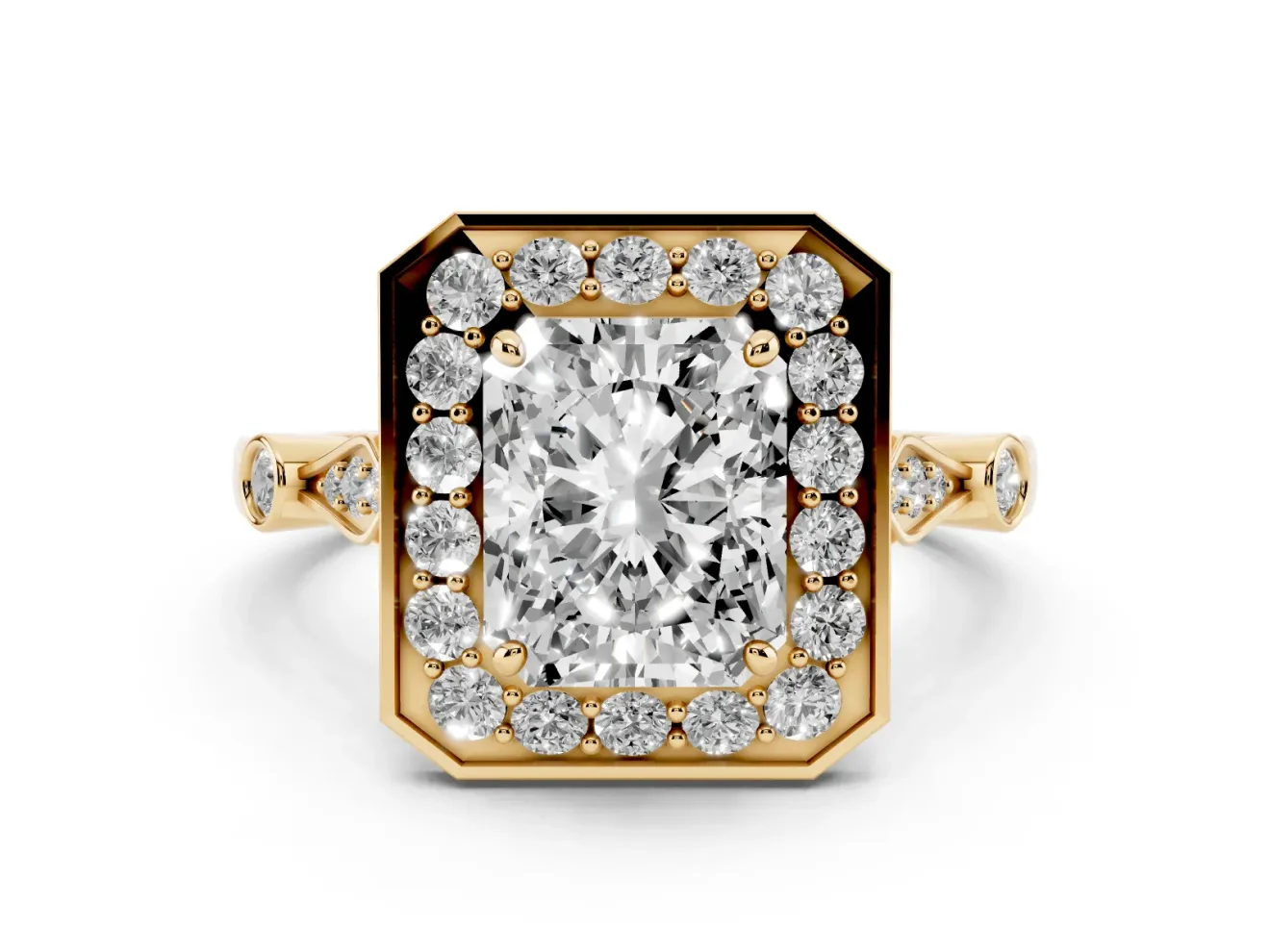 Radiant Cut Vintage Halo Engagement Ring Setting | Bezel Station Shoulders | Yellow Gold