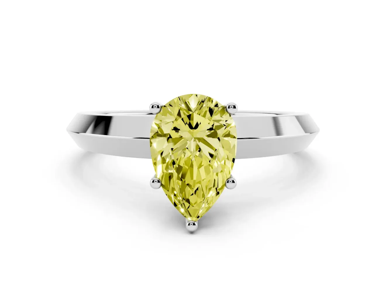 Fancy Yellow Pear Cut Diamond Solitaire Engagement Ring Set in Platinum with Flat Band and Prong Setting