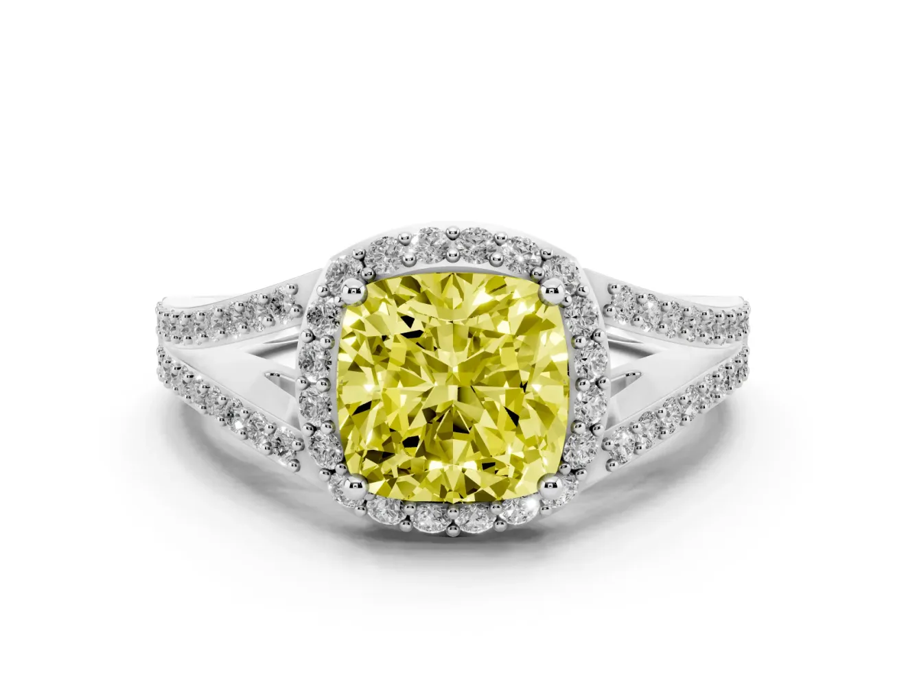 Cushion Cut Split Shank Halo Engagement Ring Setting for a Fancy Yellow Lab-Grown Diamond | Platinum