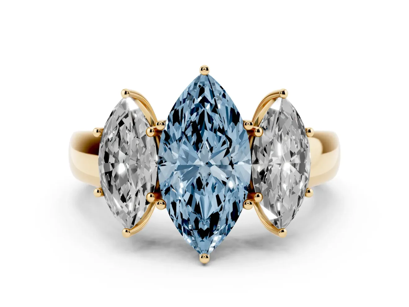 Fancy Blue Three-Stone Marquise Cut Diamond Ring Set in Yellow gold with Matching Prong Settings and Plain Band