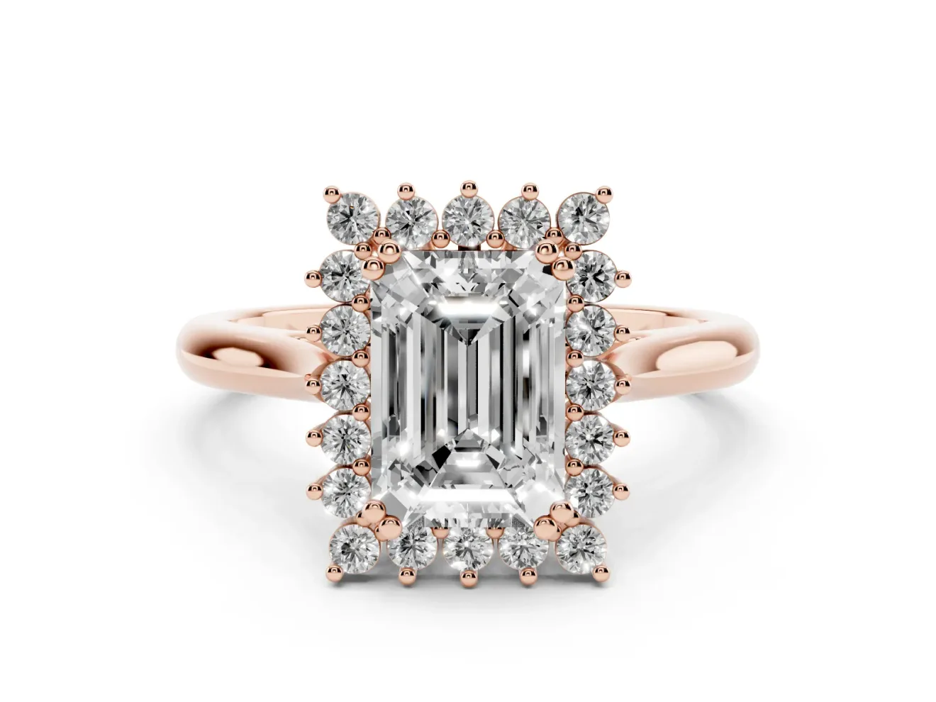 Emerald Cut Diamond Halo Ring Set in Rose gold with Plain Solitaire Band and Prong Setting