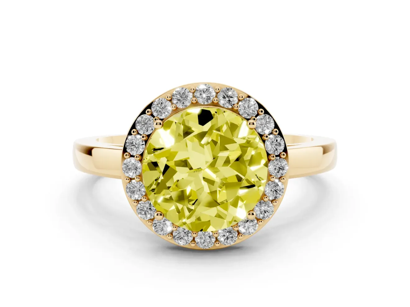 Fancy Yellow Round Cut Diamond Halo Ring Set in Yellow gold with Solitaire Band and Prong Setting