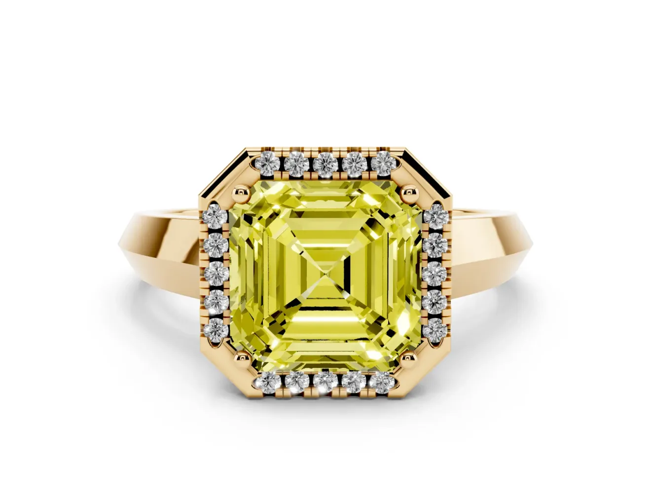 Asscher Cut Halo Engagement Ring Setting for a Fancy Yellow Lab-Grown Diamond | Knife-Edge Band | Yellow Gold