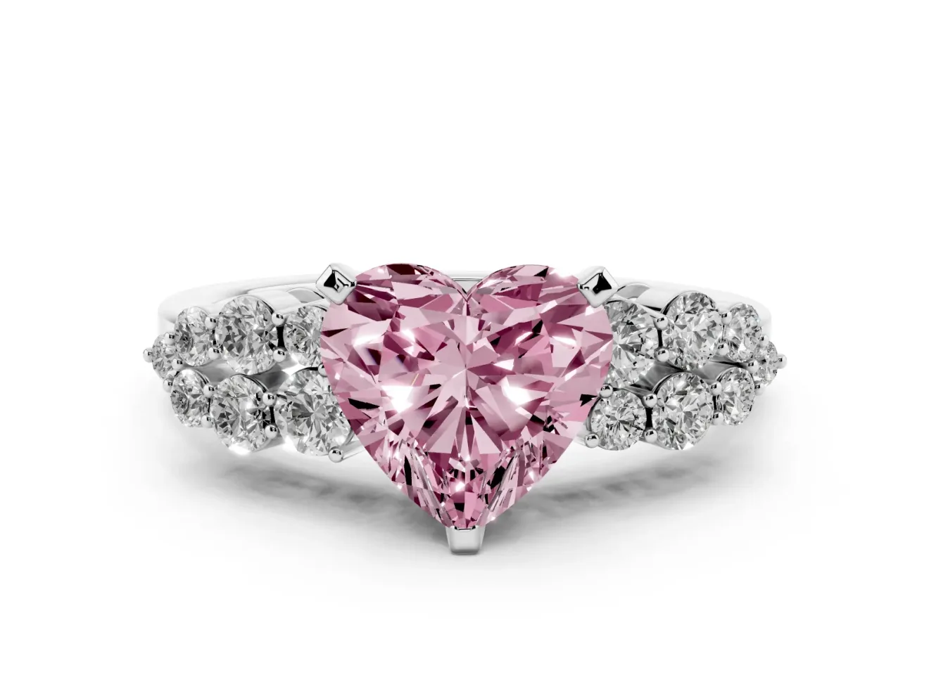 Fancy Pink Heart Cut Diamond Cluster Engagement Ring Set in Platinum with Pavé Band and Prong Setting