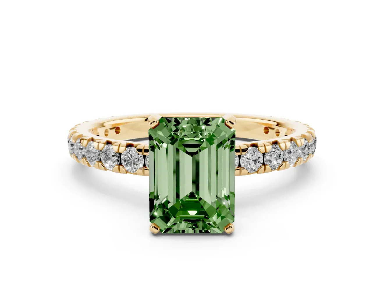 Fancy Green Emerald Cut Diamond Pavé Solitaire Ring Set in Yellow gold with Round Band and Prong Setting