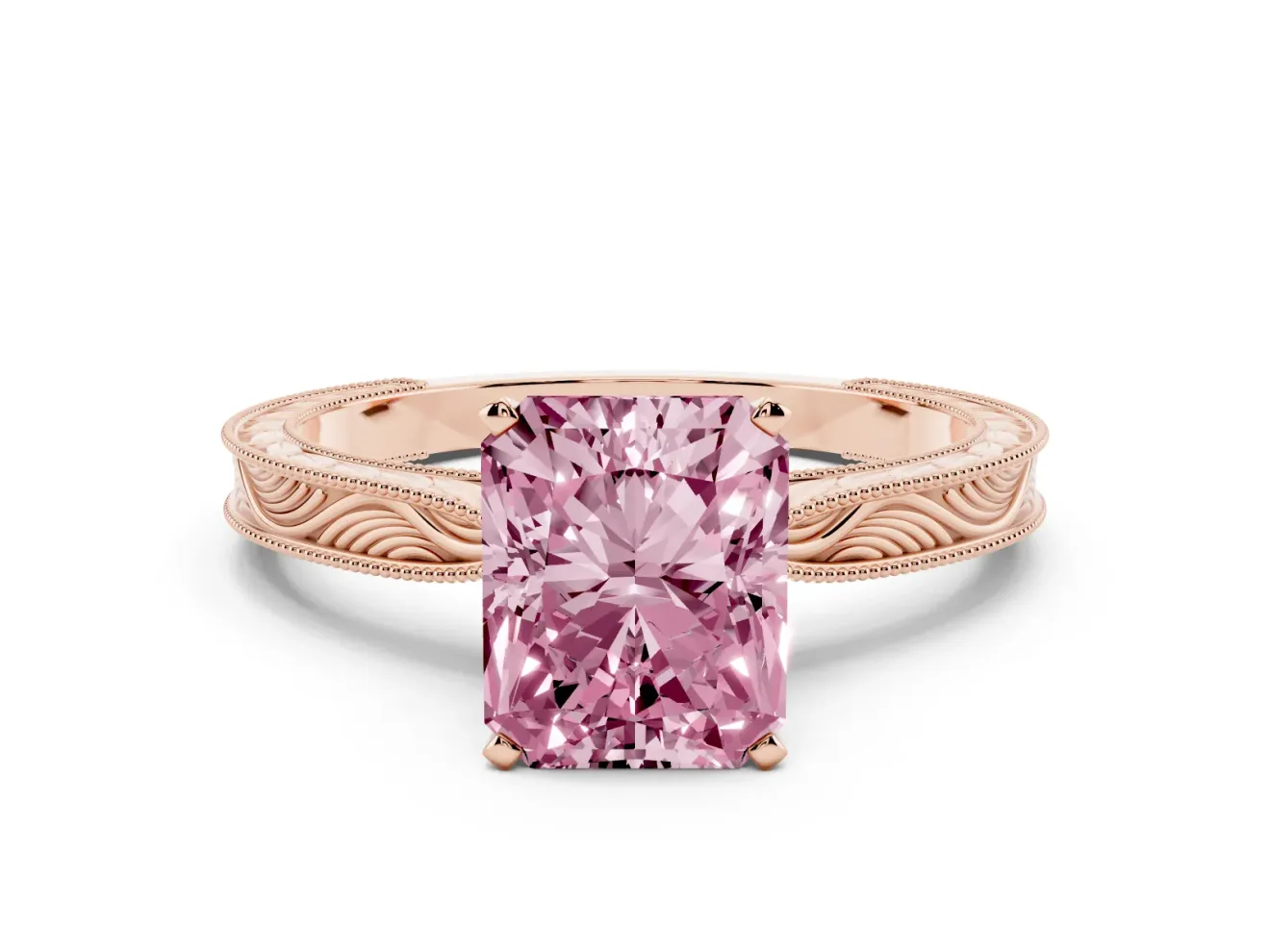 Fancy Pink Radiant Cut Diamond Solitaire Milgrain Engraved Band Set in Rose gold with Prong Setting