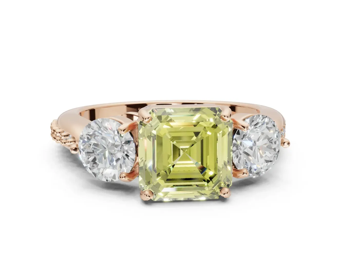 Asscher Cut Three Stone Engagement Ring Setting for a Fancy Yellow Lab-Grown Diamond | Tapered Pave Band | Rose Gold