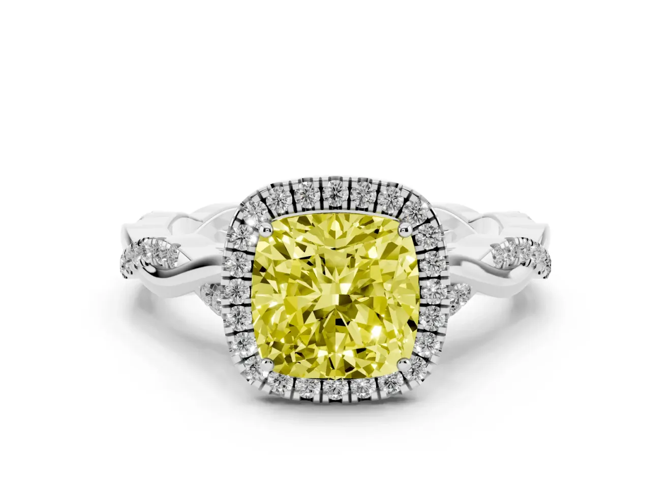 Cushion Cut Halo Engagement Ring Setting for a Fancy Yellow Lab-Grown Diamond | Pavé Twist Band | Sterling Silver