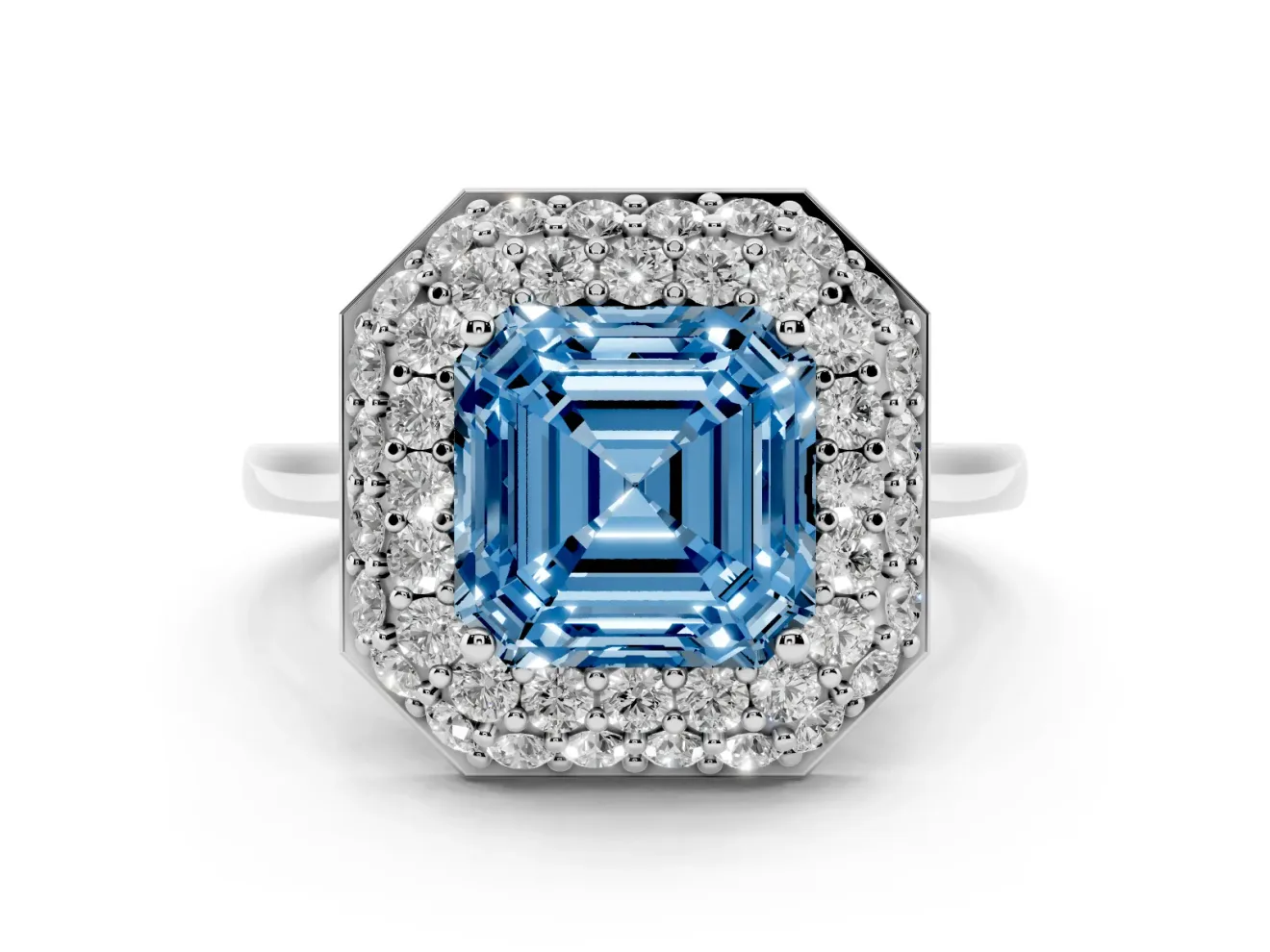 Asscher Cut Pave Halo Engagement Ring Setting for a Fancy Blue Lab-Grown Diamond | Slim Plain Band | Sterling Silver