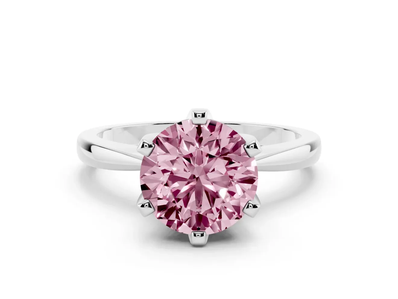 Fancy Pink Round Cut Diamond Solitaire Engagement Ring Set in Silver with Slim Tapered Solitaire Band
