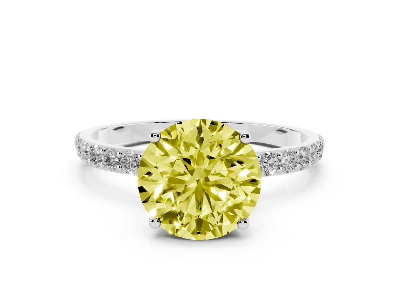 Fancy Yellow Round Cut Diamond Solitaire Engagement Ring Set in Silver with Round Pavé Band and Prong Setting