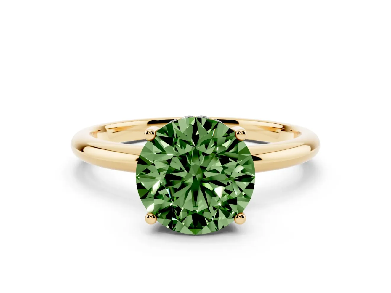 Fancy Green Round Cut Diamond Solitaire Engagement Ring Set in Yellow gold with Prong Setting and Polished Band