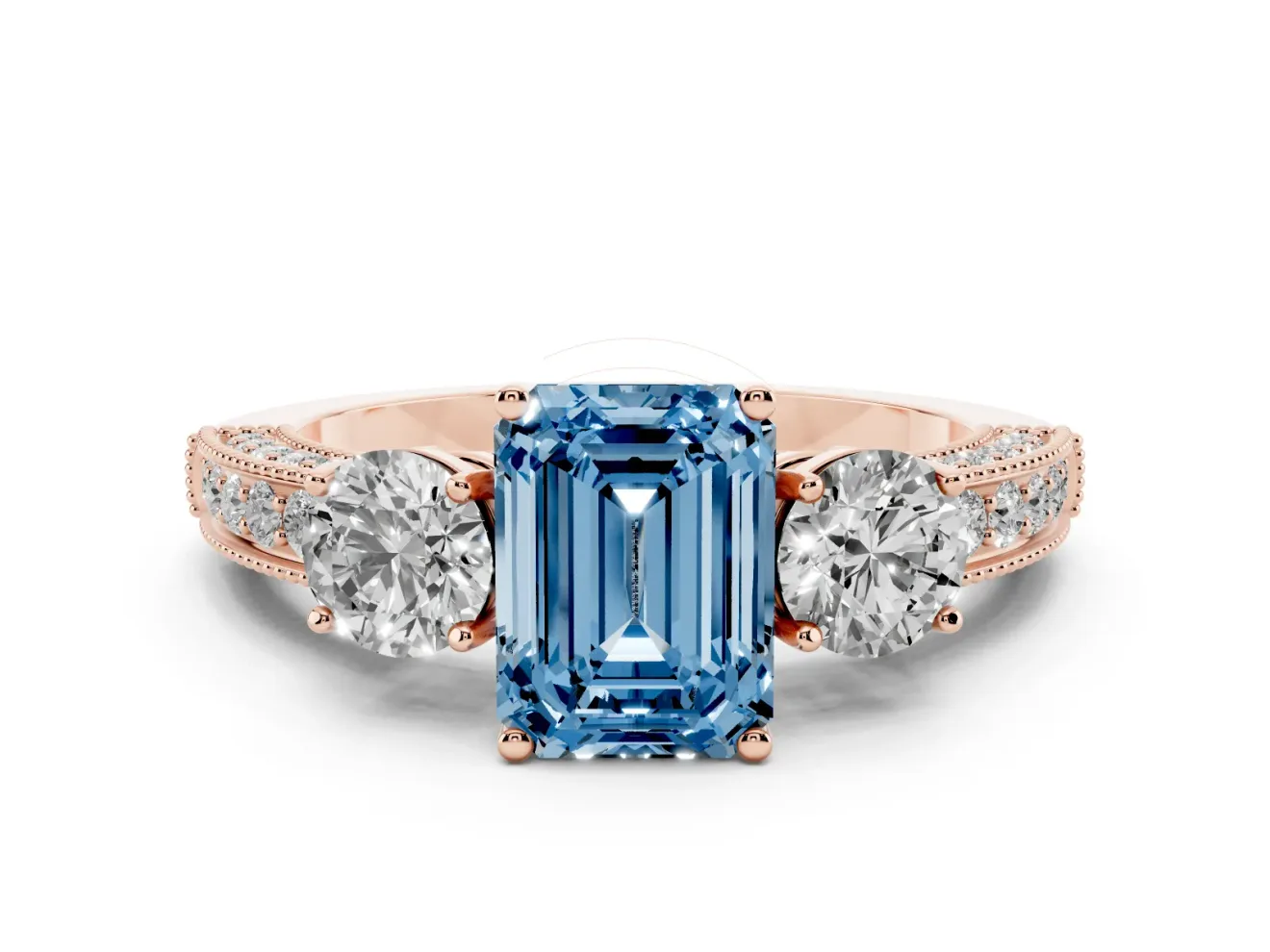 Emerald Cut Three Stone Engagement Ring Setting for a Fancy Blue Lab-Grown Diamond | Graduated Pave Band | Rose Gold