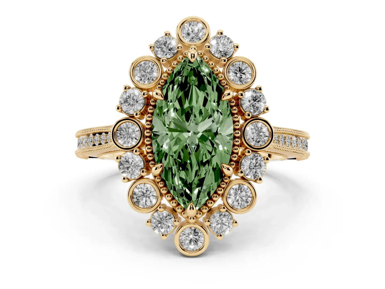 Fancy Green Marquise Cut Diamond Halo Milgrain Pavé Ring Set in Yellow gold with Prong Setting