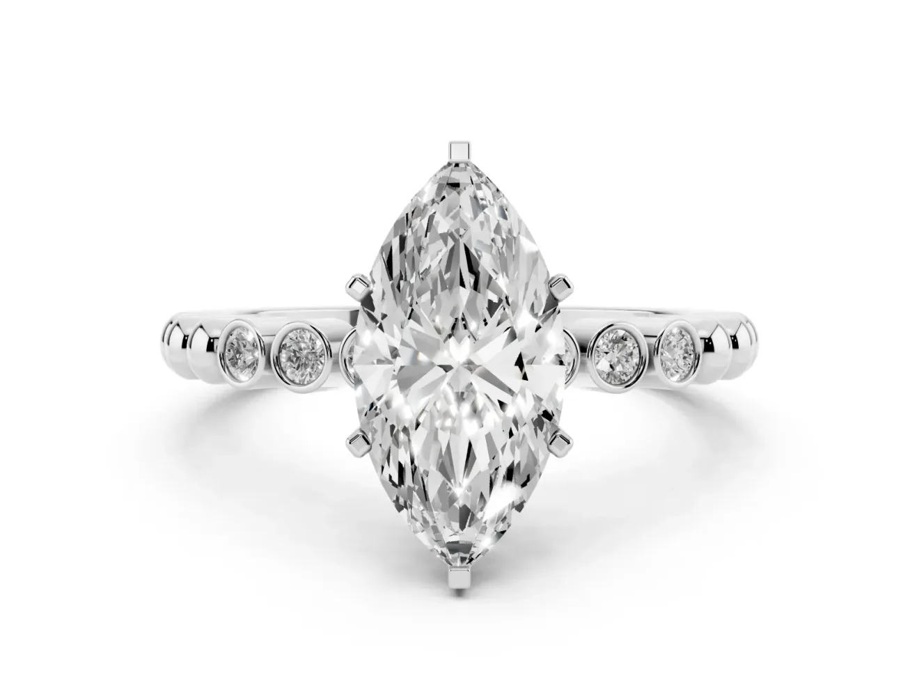 Marquise Cut Diamond Solitaire Engagement Ring Set in Silver with Bezel Accents on Beaded Band