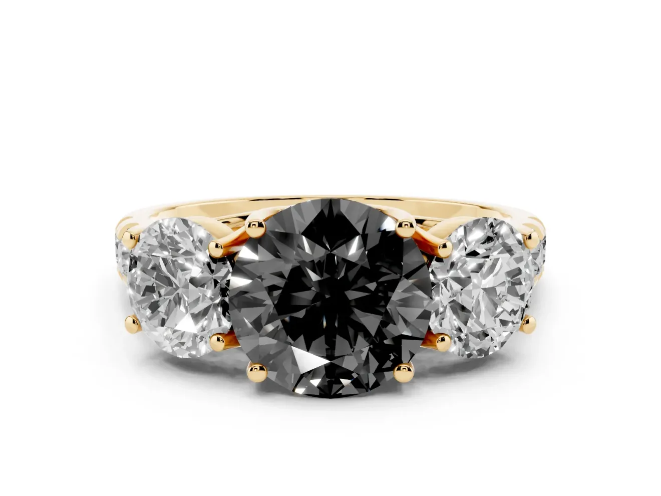 Round Three Stone Engagement Ring Setting for a Black Center | Accented Shoulders | Yellow Gold