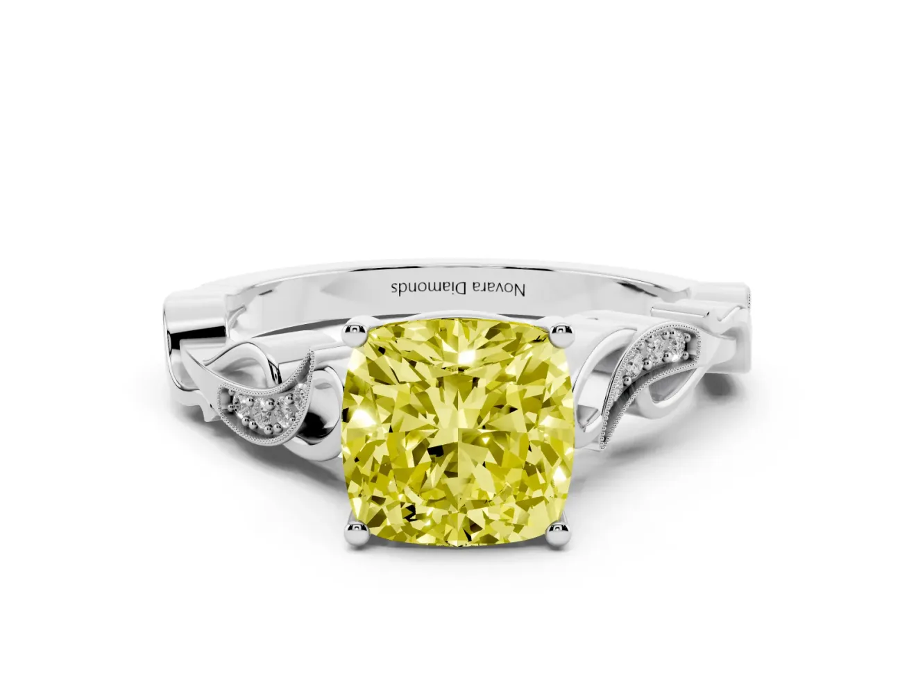 Fancy Yellow Cushion Cut Diamond Vine Band Solitaire Ring Set in Silver with Milgrain Prong Setting