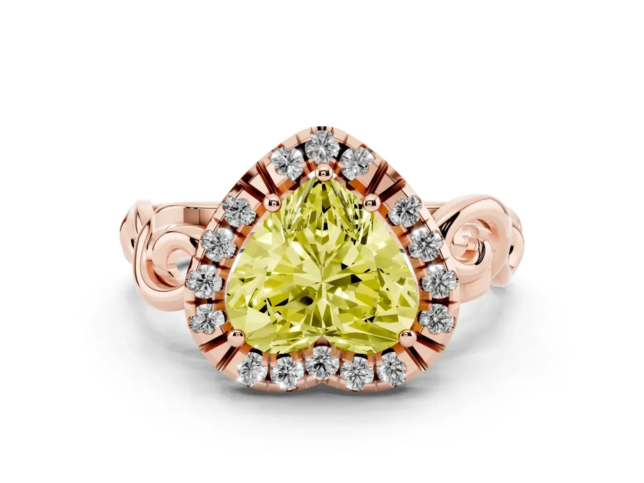 Fancy Yellow Heart Cut Diamond Halo Ring Set in Rose gold with Scrollwork Band and Prong Setting