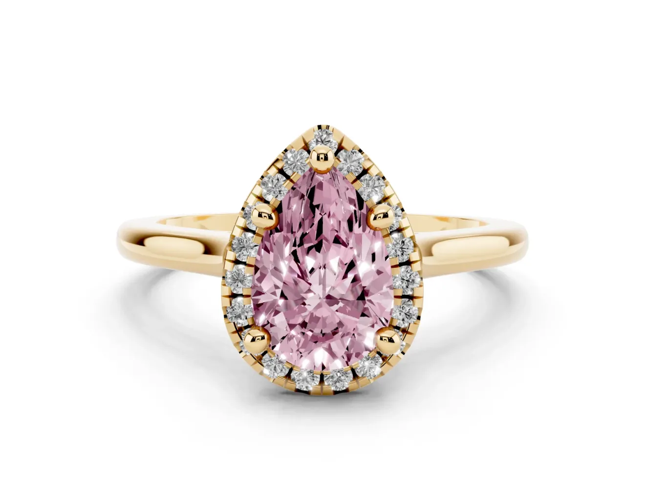 Pear-Shaped Halo Engagement Ring Setting for a Fancy Pink Lab-Grown Diamond | Plain Polished Band | Yellow Gold