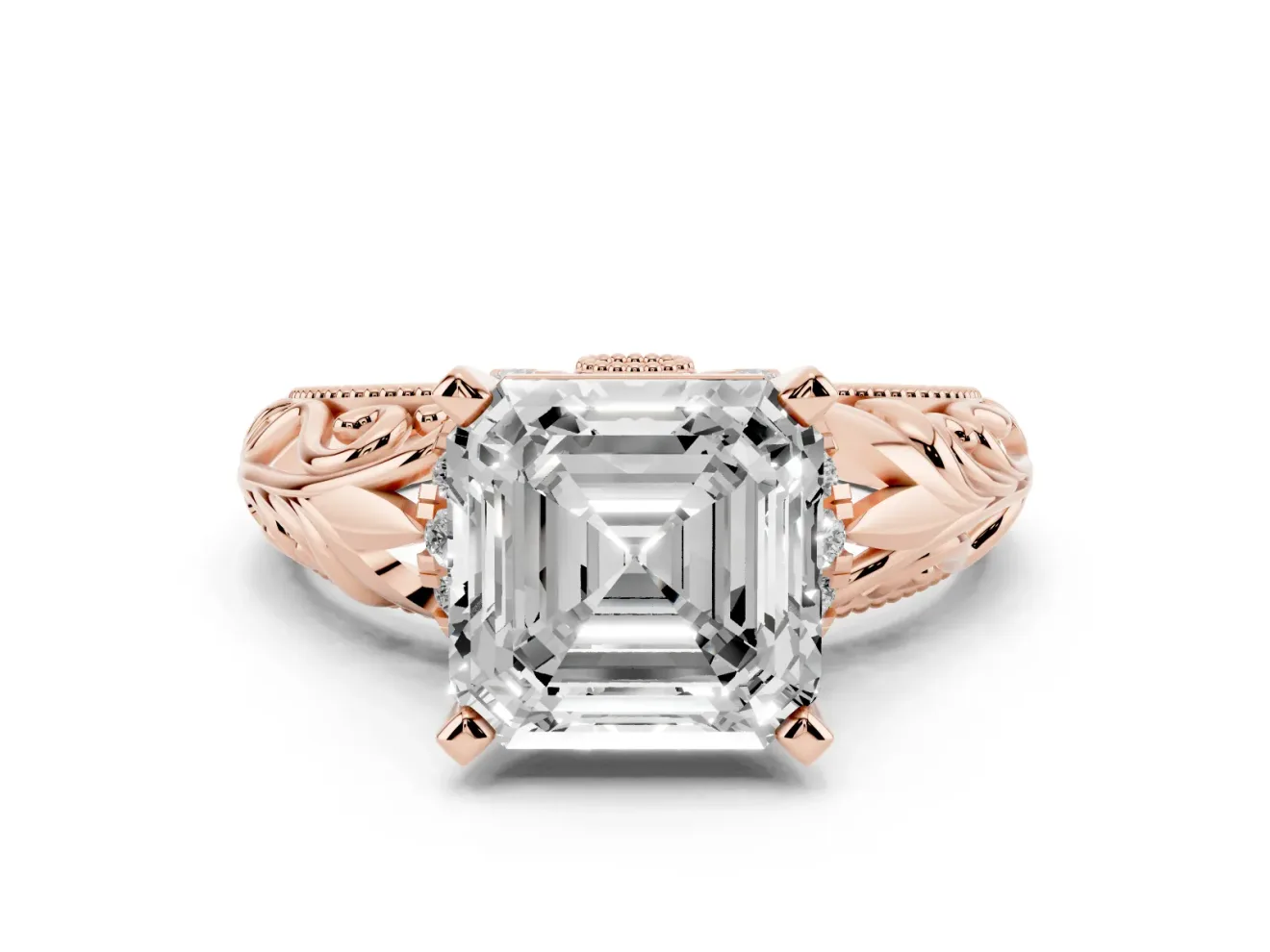 Asscher Cut Vintage Filigree Solitaire Engagement Ring Setting | Accented Basket | Rose Gold