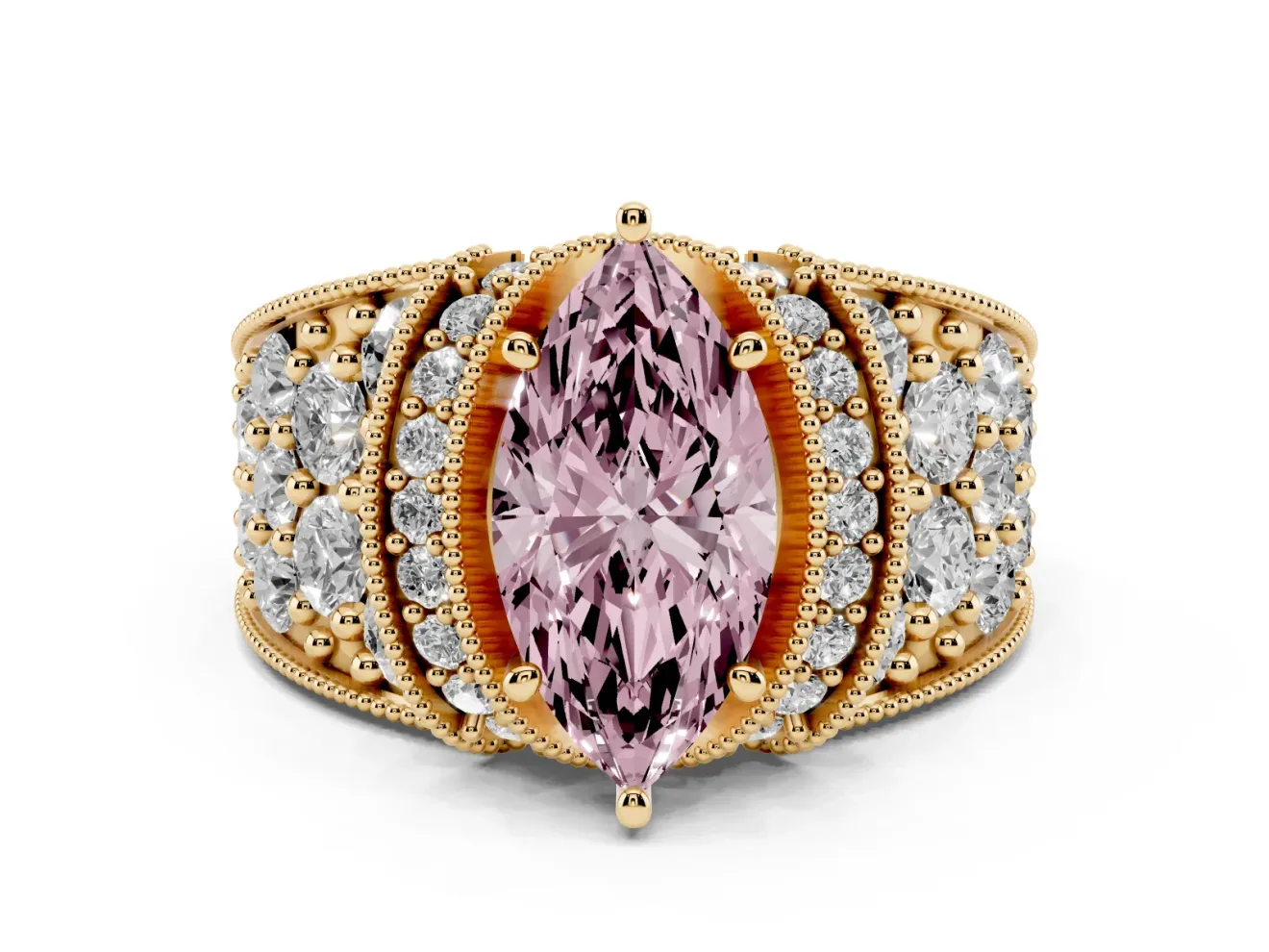 Marquise Vintage Pave Engagement Ring Setting for a Fancy Pink Lab-Grown Diamond | Milgrain Edges | Yellow Gold