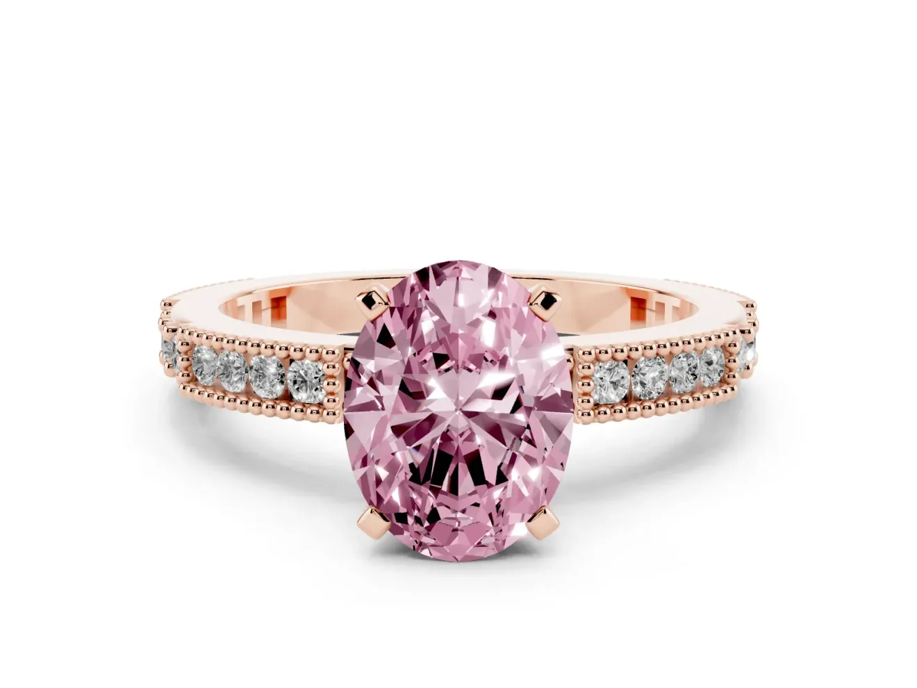 Fancy Pink Oval Cut Diamond Solitaire Ring Set in Rose gold with Slim Pavé Band and Prong Setting