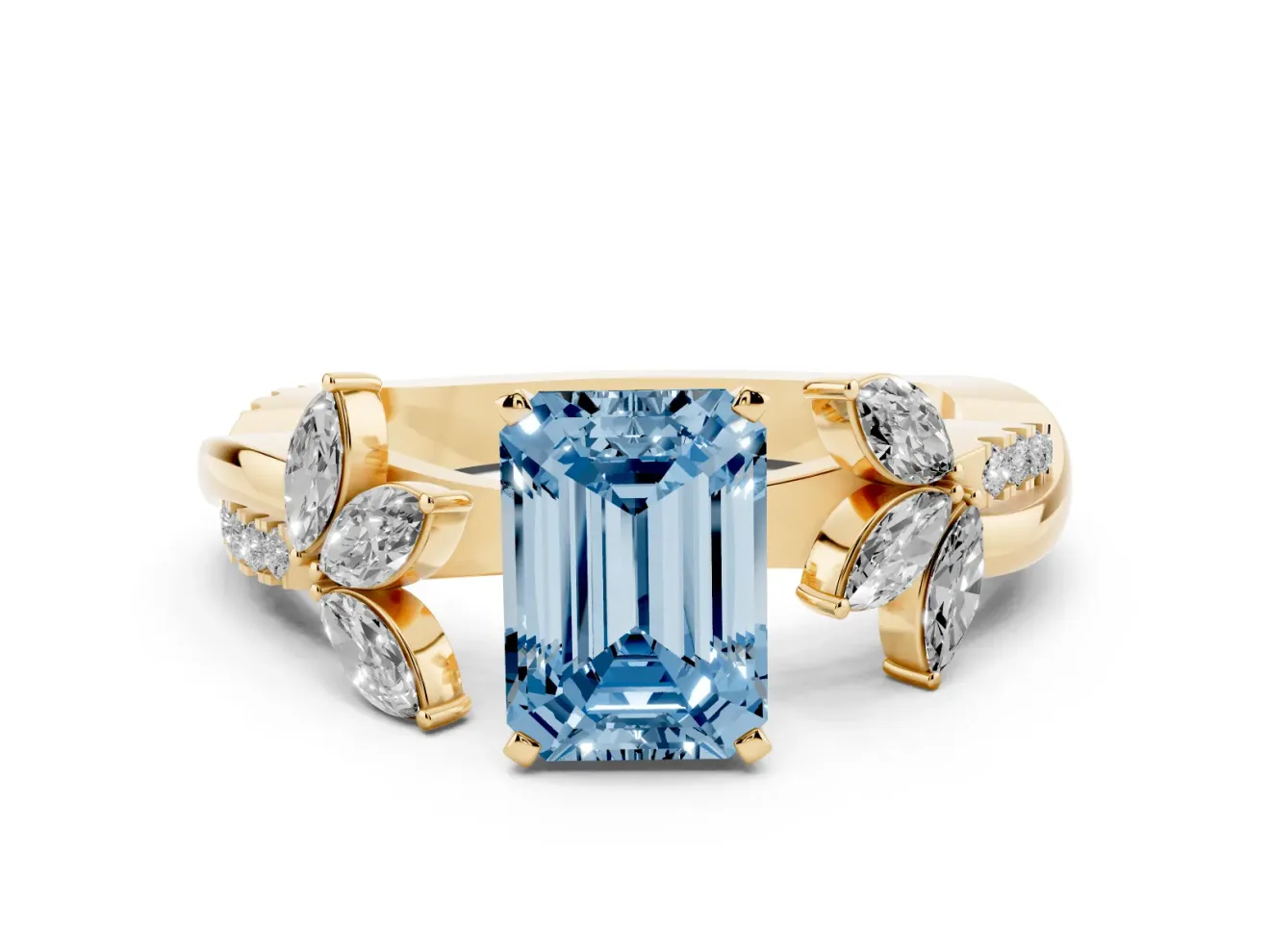 Fancy Blue Emerald Cut Diamond Floral Vine Solitaire Engagement Ring Set in Yellow gold with Marquise Leaves