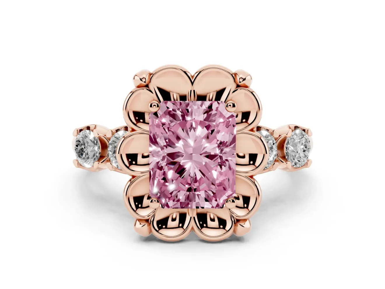 Radiant Cut Floral Engagement Ring Setting for a Fancy Pink Lab-Grown Diamond | Petal Frame and Side Stones | Rose Gold
