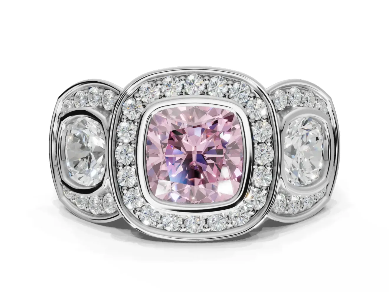 Cushion Cut Three Stone Halo Engagement Ring Setting for a Fancy Pink Lab-Grown Diamond | Platinum