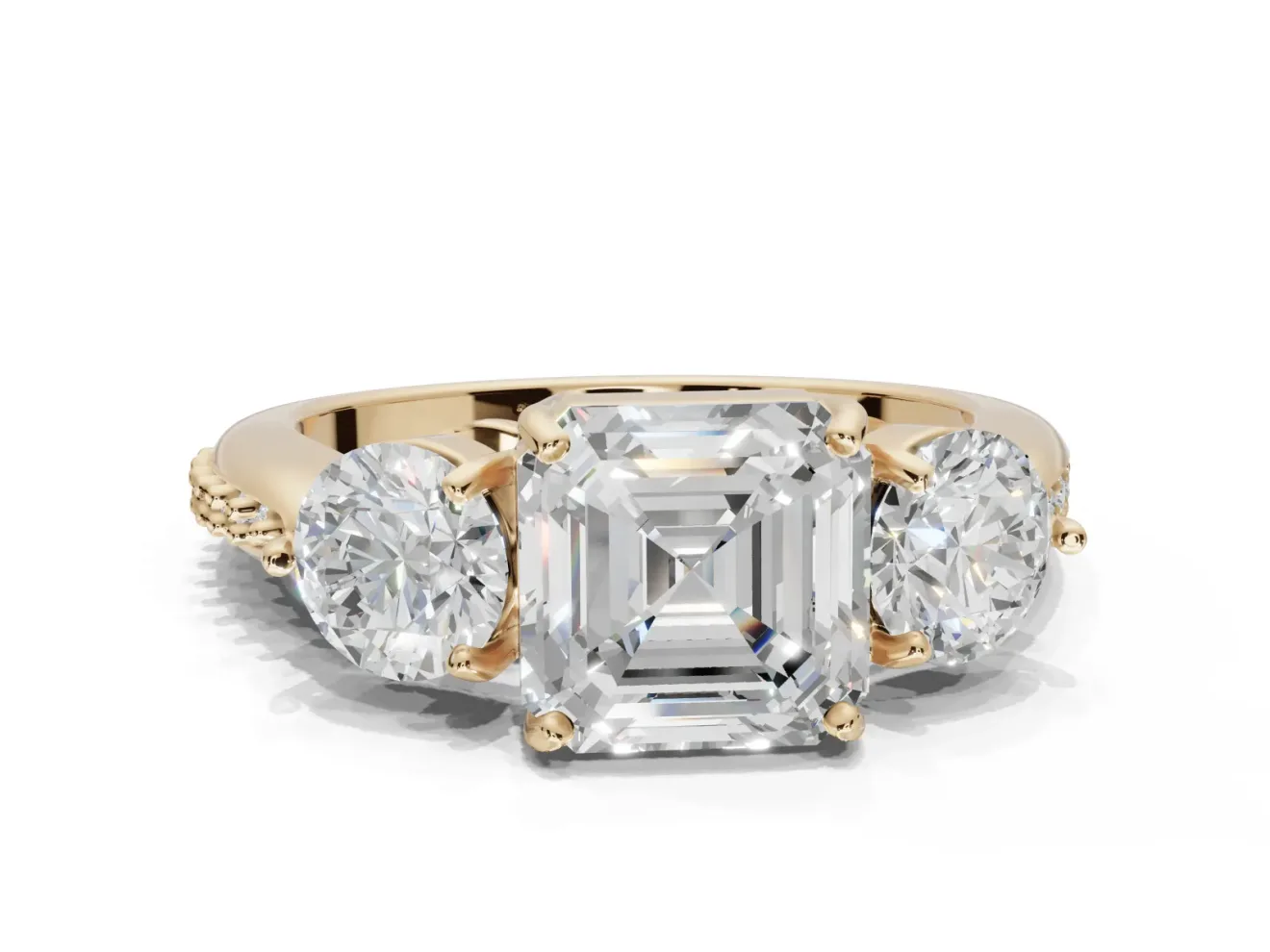 Asscher Cut Three Stone Engagement Ring Setting | Tapered Pave Band | Yellow Gold