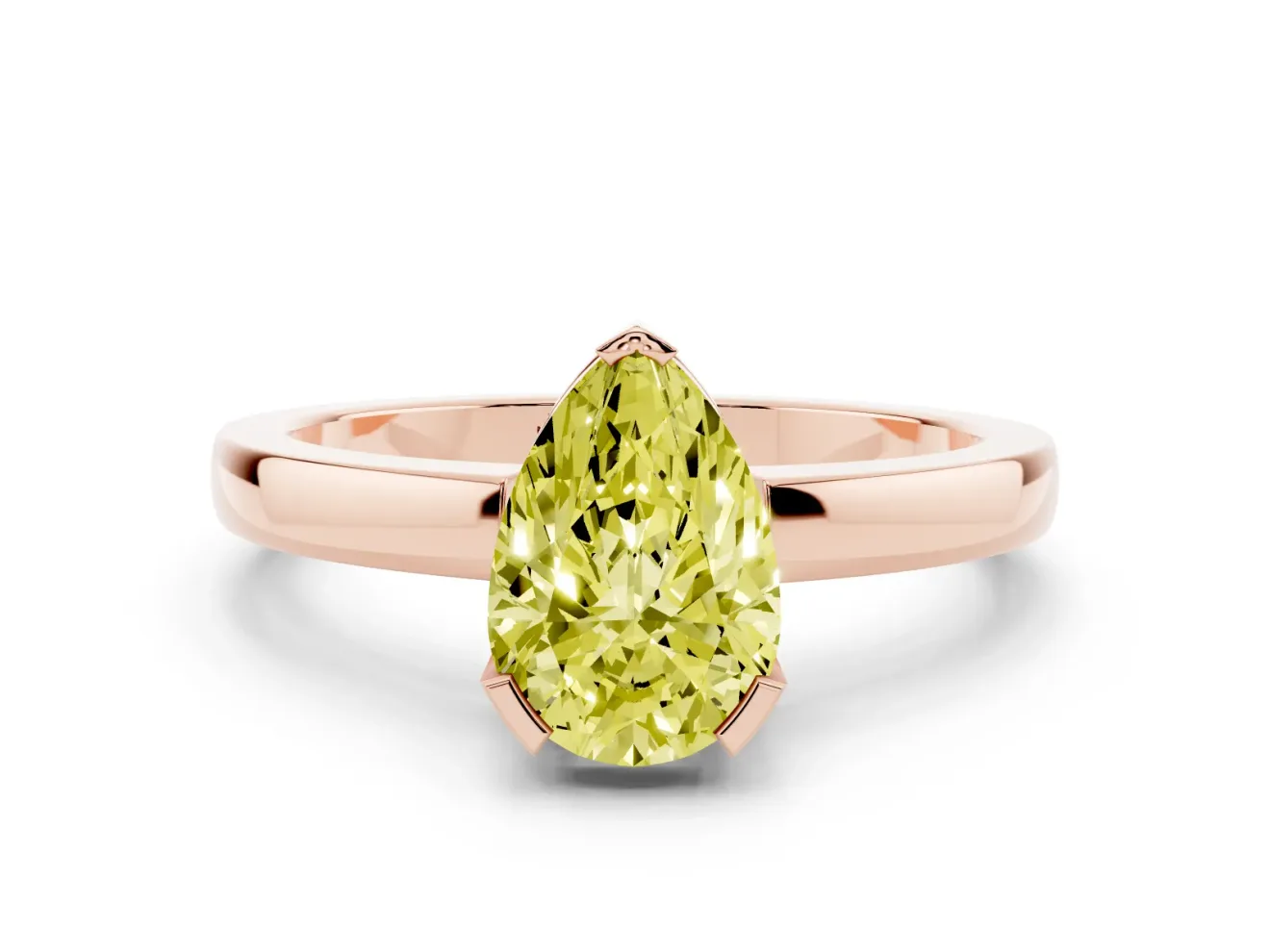 Fancy Yellow Pear Cut Diamond Solitaire Ring Set in Rose gold with Prong Head and Smooth Polished Band