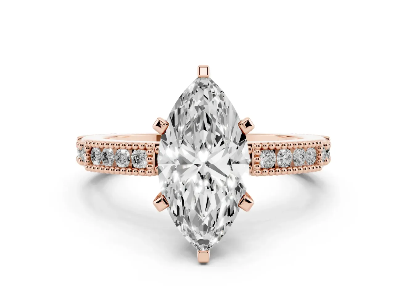 Marquise Vintage Pavé Solitaire Engagement Ring Setting | Milgrain Edges | Rose Gold