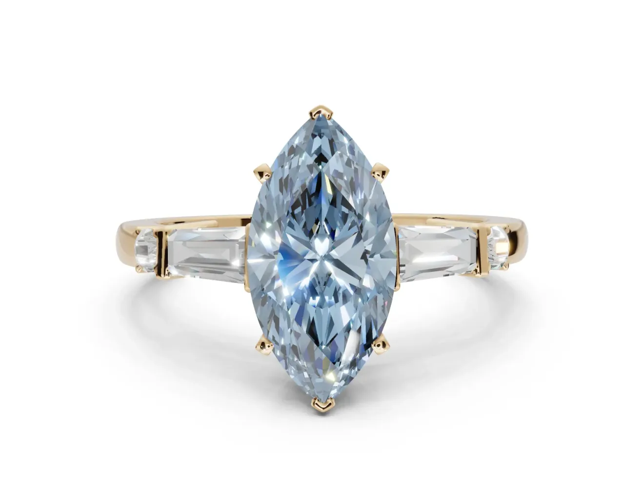 Marquise Tapered Baguette Engagement Ring Setting for a Fancy Blue Lab-Grown Diamond | Yellow Gold
